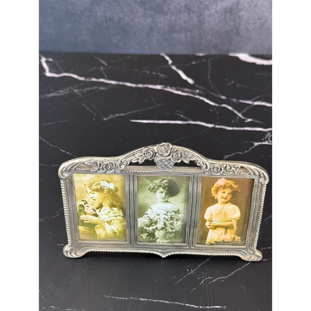 Vintage Papel‎ 90s Floral Pewter Baroque Frame Holds 3 Wallet Photos 1.5